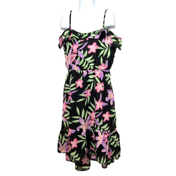 Children’s Place Girls’ Dress M 7/8 Floral Black Pink Hi/Lo Ruffled Cold Shoulde - Picture 12 of 16